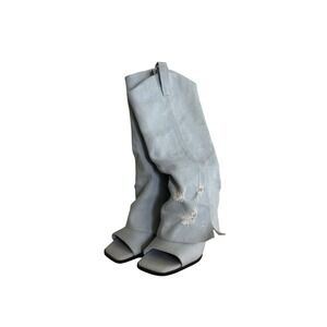 As Is Denim‎ Open Toe Cowboy Boot Heels Distressed Square Toe Western Wedges